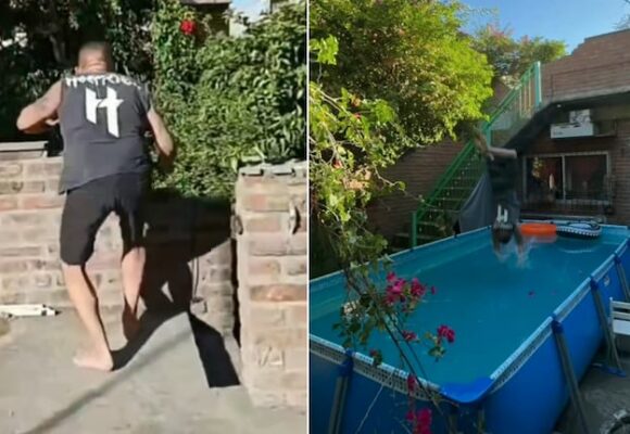 Un hombre intenta un salto espectacular a la pileta y acaba desmayado