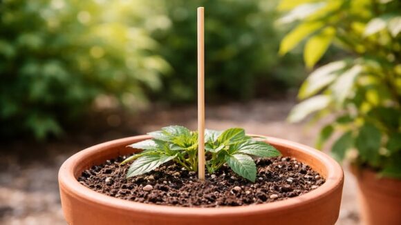 El curioso uso de un palo de brochette en las macetas